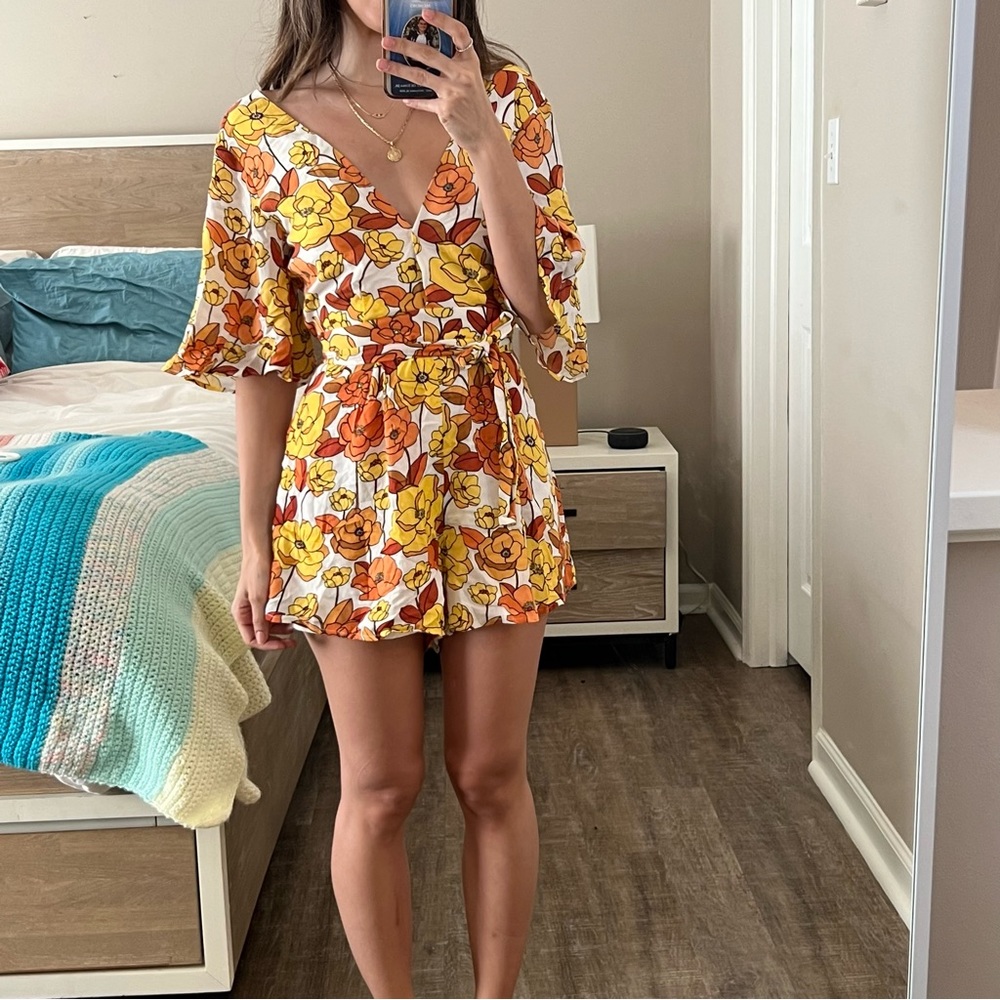 Women's Floral Romper with Flowy Sleeves, Orange and Yellow Print